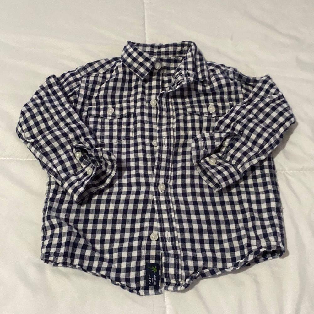 Janie and Jack blue and white plaid button down shirt.